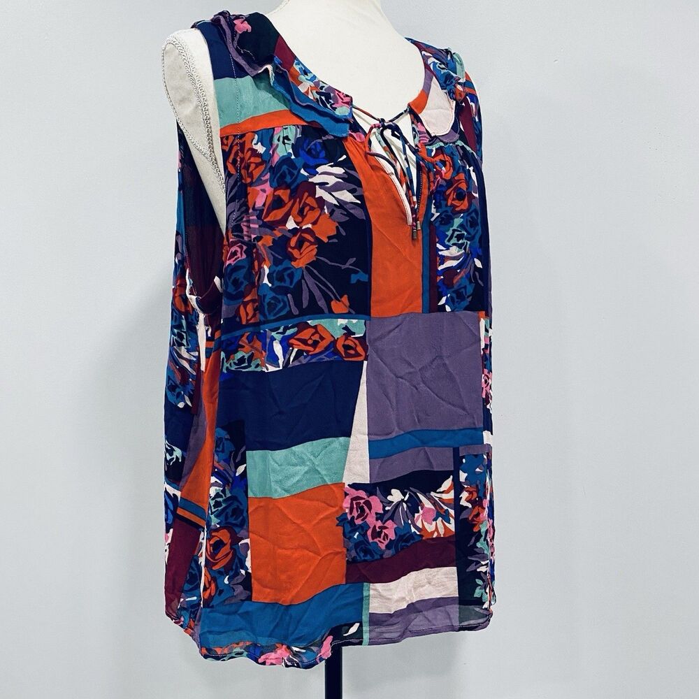 MAEVE XL Colorful Patchwork Abstract Ruffle Tie Gypsy Indie Sleeveless Tank Y2K